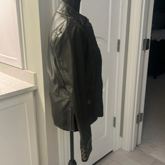 Frida G Leather Look Motorcycle coat with button detail - Picture 4 of 8